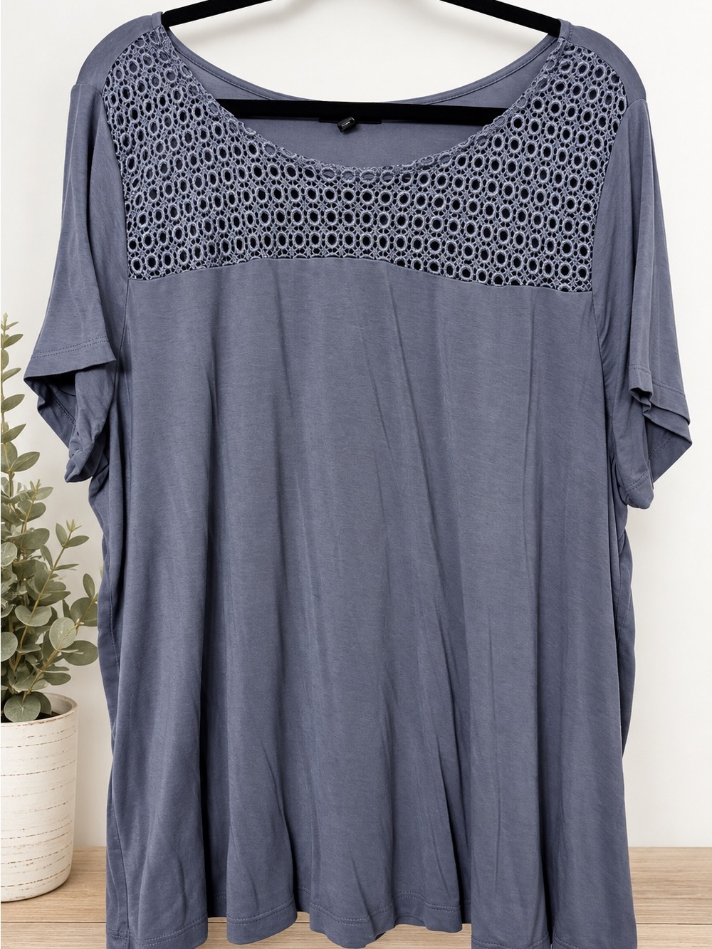 Lane Bryant Plus Size 22/24 Slate Blue Lace Yoke Dolman Sleeve Blouse Top